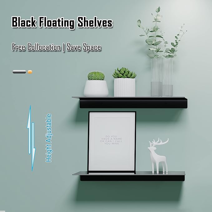Black Metal Wall Shelves, 15.7" (W), No Drilling, Adhesive Floating Wall Shelf for Living Room, Bedroom, Bathroom, Aluminium Shower Caddy (2 PCS)