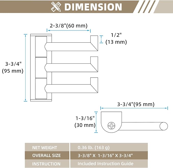 Suyar Brushed Gold Towel Hook, SUS 304 Stainless Steel Bathroom Coat Robe Holder with 3 Swivel Arms, Wall Hook for Kitchen Entry Garage