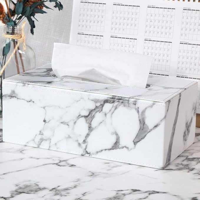 KINGFOM Rectangular PU Leather Tissue Box Cover - Facial Tissue Paper Napkin Holder for Bathroom, Home, Office, Car Automotive Decoration with Magnetic Bottom(Gray Marble)