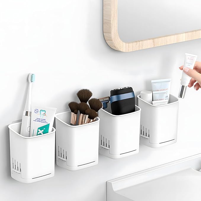 Toothbrush Holder Cup Wall Mounted Drill-Free for Bathroom Shower Electric Toothbrush Toothpaste Razor Holder Removable Waterproof Sturdy Self Draining, Tableware Holder for Kitchen(1pcs&White)