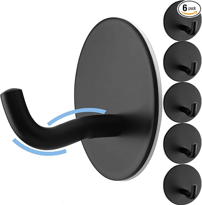 Matte Black Adhesive Towel Hooks 6 Pack Heavy Duty Wall Hooks for Hanging Robes, Loofah, Towels, Clothes Coat Hooks Stick on Bathroom or Kitchen Stainless Steel