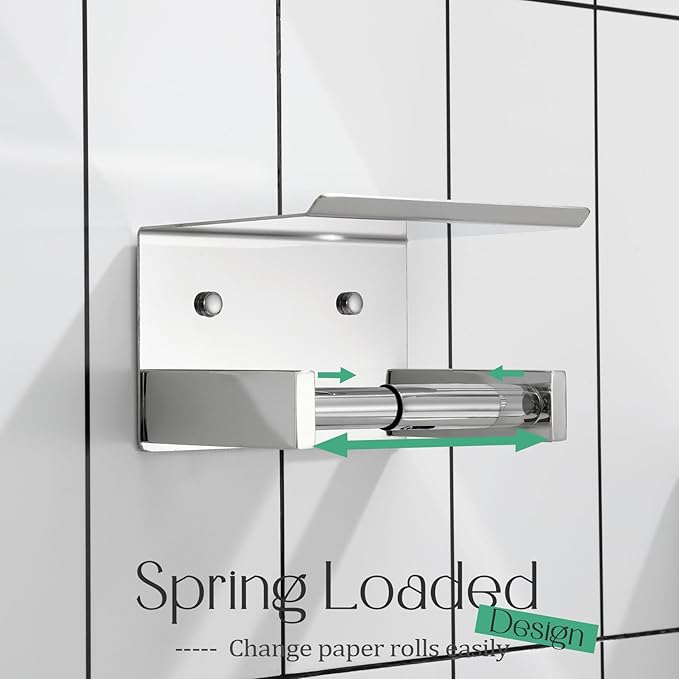 KOKOSIRI Roll Paper Holder Spring Loaded Bathroom Toilet Paper Holder Tissue Roll Holder with Shelf Wall Mounted Stainless Steel Polished Chrome B2012CH
