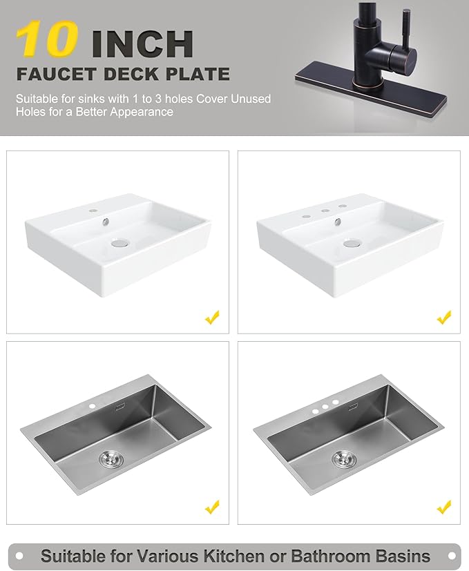 10" Sink Faucet Hole Cover Deck Plate for Kitchen & Bathroom Vanity Sink, Faucet Chrome Escutcheon Plate Stainless Steel Outside Faucet Cover Cap for 1 or 3 Hole Mixer Tap (Rectangle)