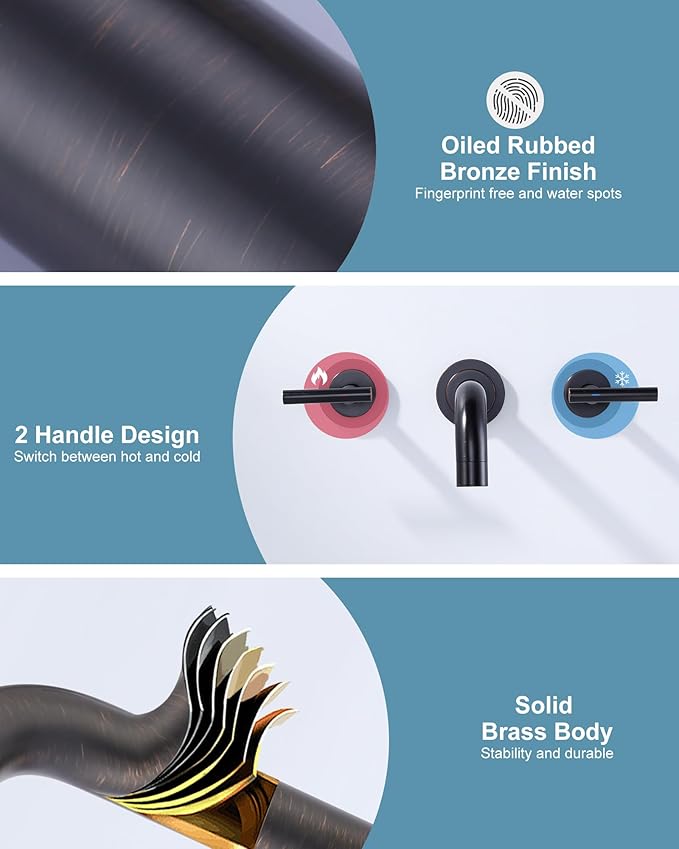 Wall Mount Bathroom Faucet:Oiled Rubbed Bronze Wall Faucet High Flow Two Handles Stainless Steels,Long Spout Reach,Widespread Bathroom Sink Faucet with Rough-in Valve 3 Holes Elegant Classic Spout