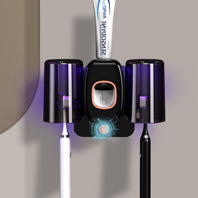 Toothbrush Holders for Bathrooms,Rechargeable Cordless Wall Mounted Tooth Brushing Holder,Electric Toothbrush Holder with 2 Cups,4 Toothbrush Slots,Toothpaste Dispenser (Black)