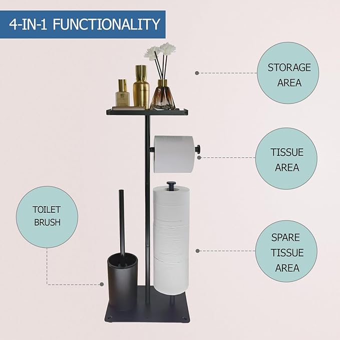 Black Freestanding Toilet Paper Holder with Brush | No Drill Bathroom Organizer Stand | Rustproof Metal Toilet Paper Stand with Anti-Slip Base and Storage & Brush Holder for Small Bathroom (Shelf)