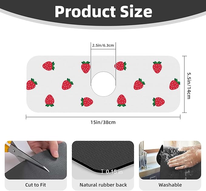 Strawberry Print Strawberries Kitchen Sink Splash Guard Faucet Mat Super Absorbent Fast Drying Mat Sink Gadgets-Fast Drying Pad Sink Mat For Kitchen Bathroom (15" X 5.5" )