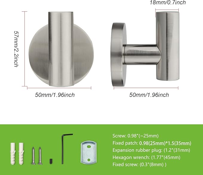 TUNNY 3 Pack Round Bathroom Towel Hooks - Shiny Nickel Brushed Robe, Coat, Wall Hooks for Bathroom, Bedroom, Kitchen