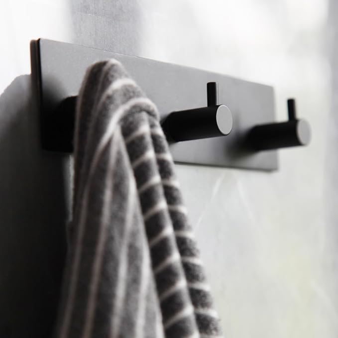 Self Adhesive Towel Hooks for Bathrooms Black Stick on Wall Hooks Bath Adhesive Towel Hanger Peel and Stick Matte Black Shower Hooks for Wall Adhesive Coat Hook for Wall Mount 3 Hooks
