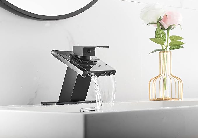Bathroom Faucet Black Waterfall Glass Spout Single Handle One Hole Bath Sink Faucet Vanity Lavatory Basin Mixer Tap with Cover Plate Deck Mount Commercial