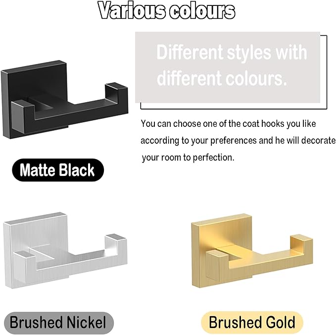 BOZWELL 1 Double Towel Hook and 2 Towel Hooks for Bathroom Matte Black Wall Mount，3 Pack Modern Square Style Coat Robe Hook，Stainless Steel Heavy Duty Door Hanger 1502-B-3