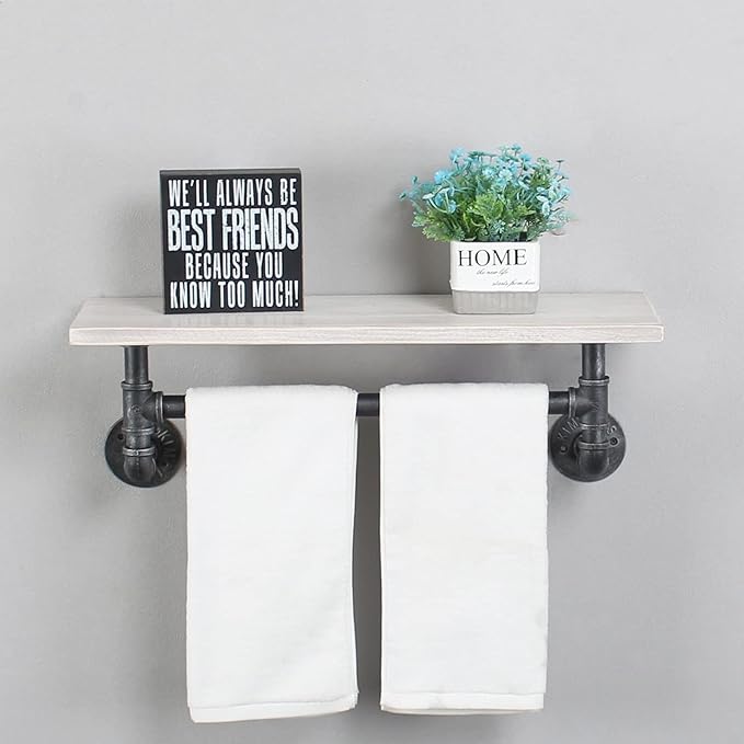 MBQQ Iron Pipe Shelves Industrial Bathroom Shelves with Towel bar,24in Rustic Metal Pipe Floating Shelves Pipe Wall Shelf,1 Tier Industrial Shelf Wall Mounted,Retro White