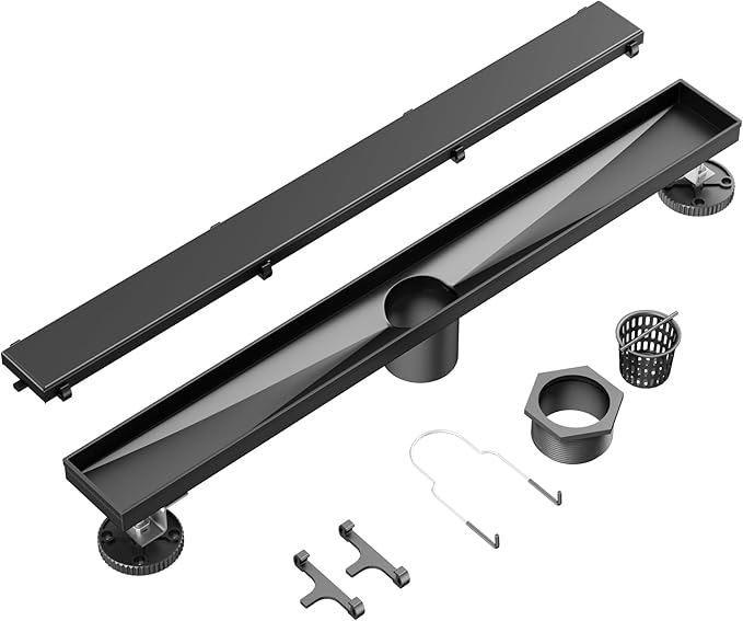 Neodrain 28 in Matte Black Linear Shower Drain- with 2-in-1 Flat & Tile Insert Cover, 304 Stainless Steel Rectangle Shower Floor Drain,Floor Shower Drain
