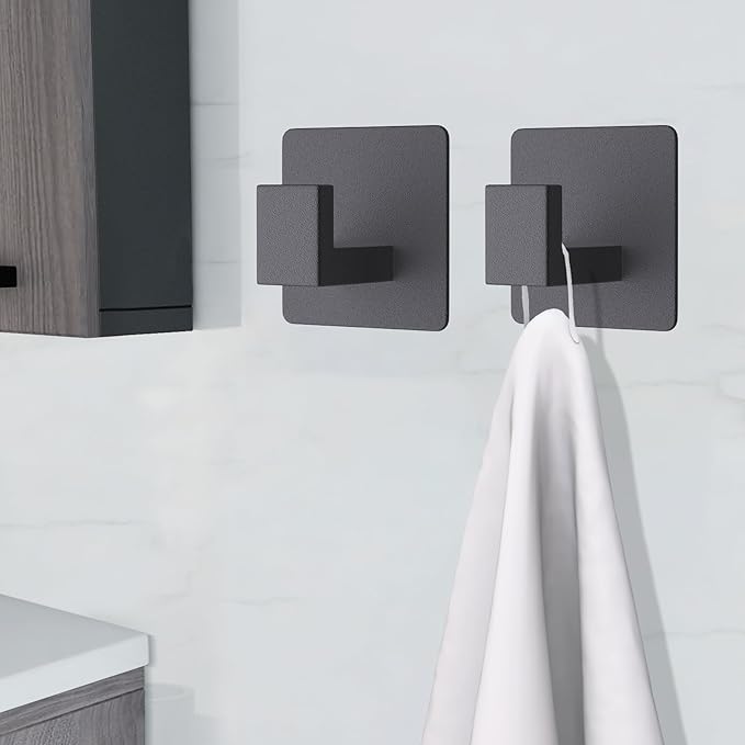 VAEHOLD 6 Pack Adhesive Towel Hooks, Heavy Duty Wall Hooks Aluminum Black Hooks for Hanging Coat, Hat, Towel, Robe, Clothes, Shower Hook for Door, Office, Kitchen, Bathroom (Black)