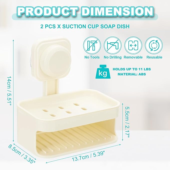 uxcell 2Pcs Suction Cup Soap Dish, Removable and Reusable Wall Mounted Double Bar Soap Holder for Shower No-Drilling Sponge Holder for Bathroom Kitchen, Beige