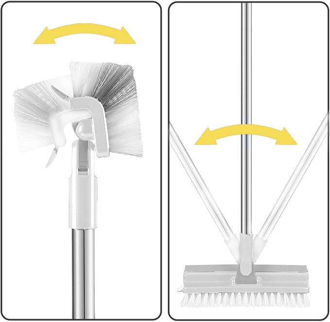 Grout Scrub Brush with 42" Long Handle Double-Sided Floor Scrub Brush V-Shape Grout Cleaner with Squeegee 180° Rotating for Tile Floors, Baseboards, Wall