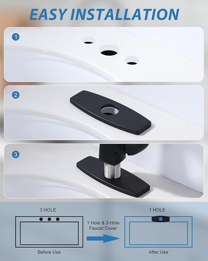 Sink Hole Cover 6 Inch: Stainless Steel Escutcheon Plate Black - Easy Install Faucet Escutcheons - Sink Faucet Cover For 1 or 3 Hole Bathroom Vanity Basin - Faucet Escutcheons 4" Faucet Plate Cover