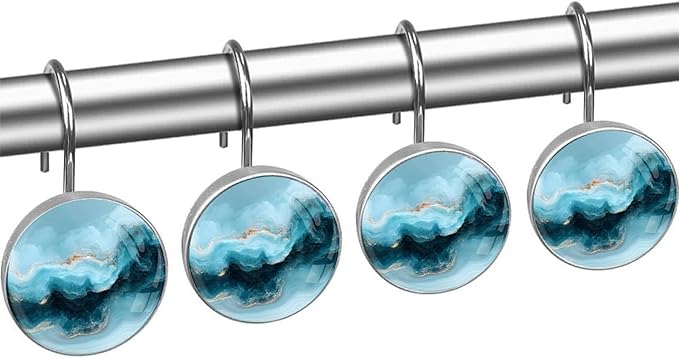 Grey-Blue Marble Decorative Shower Curtain Hooks,12 Pcs Rust Proof Glass Surface Stainless Steel Curtain Rings for Bathroom Bedroom Living Room Shower Rods Decor