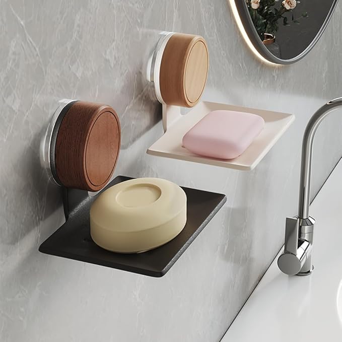 Soap Dish, Walnut and Stainless Steel,Soap Bar Holder for Shower Double-Sided Tape Wall Mounted, No-Drilling Waterproof Sponge Holder for Bathroom Bathtub Kitchen Sink, Keep Dry (Black)