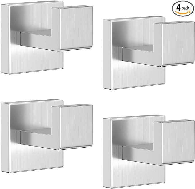 Towel Hooks Bathroom Coat Robe Wall Hook Heavy Duty Door Hanger Towel Robe Clothes Rack for Bathroom Bedroom Kitchen Hotel Pool 4 Packs-Brushed Nickel Stainless Steel Wall-Mounted