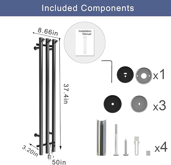 Electric Heated Towel Rack with Timer, Wall-Mounted Towel Warmer, 3 Vertical Bars, Silver, Plug-in or Hardwired, 37.4 Inch Height, Round Design (Black)