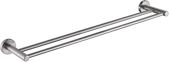 Premium Modern Double Towel Rack w/Round Base (24 Inches)- Brushed Finish, Made from Stainless Steel, Water and Rust Proof, Wall Mounted, Easy to Install