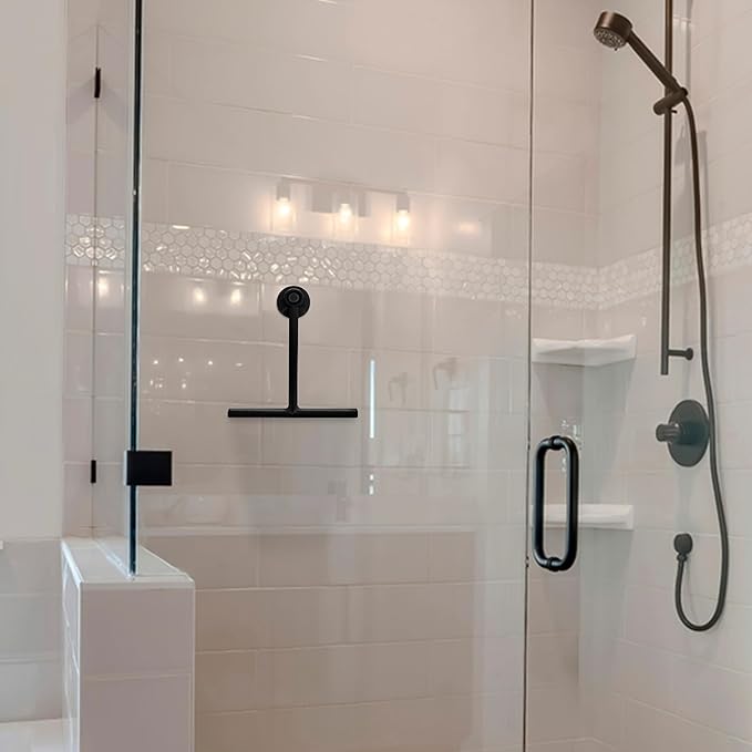 Splash Home Shower Squeegee for Glass Doors - Black Bathroom Squeegee with Suction Hook, Glass Shower Door Squeegee for Streak-Free Cleaning, Shower Wiper for Glass Doors and Tiles, 8.5" Wide Blade