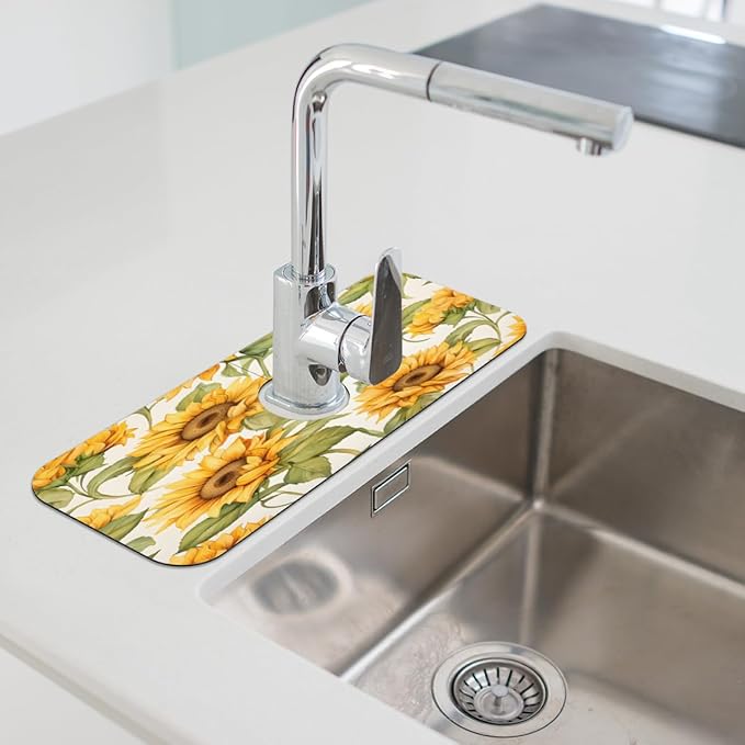 Sunflower Field Kitchen Faucet Mat Splash Guard, 15.4”x5.7” Absorbent Quick Drying Sink Mat for Countertop Protection, Draining Mat Sink Protectors For Kitchen Bathroom, 1 Pack