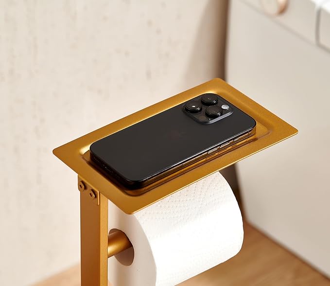 Miyili Bathroom Lavatory Toilet Paper Holder with Shelf Stainless Steel Freestanding Toilet Tissue Roll Holder Square Style Gold, F04G2