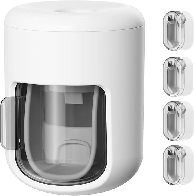Toothbrush Holder 4-Pack with 1 Toothpaste Dispenser, Dustproof Electric Toothbrush Holder Wall Mounted Adhesive Toothbrush Heads Organizer for Bathroom, Family & Travel(No Drilling)