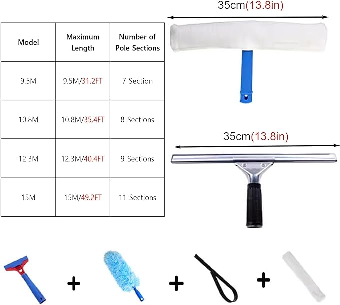 Extra Long Spliced Window Cleaning Rods 31 35 40 50 Ft, Washing Kit for Malls/ Tall Skylights/ Outdoor Balcony, Windows Squeegee Clean Tool & Wall Cleaner with Longer Handle - Aluminum(10.8m/35.4ft)