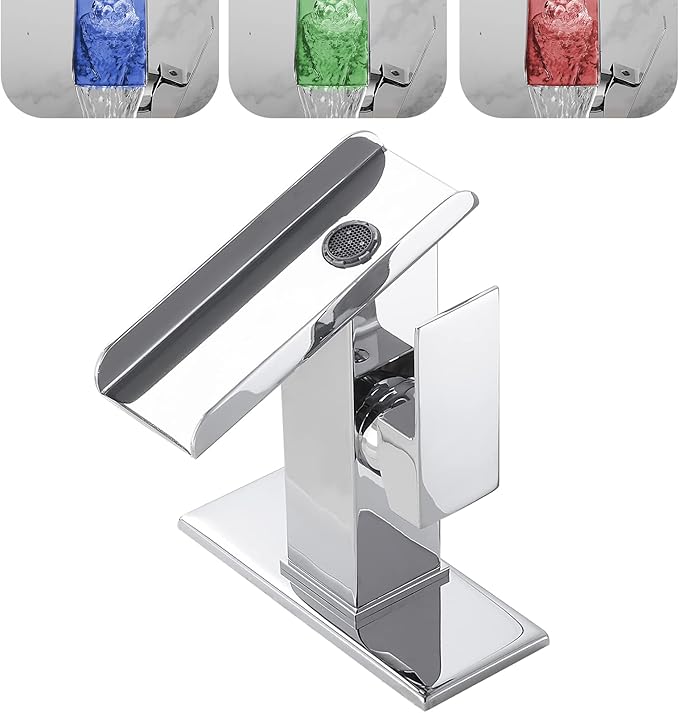 Chrome Bathroom Sink Faucet One Hole LED Waterfall Spout RGB 3 Colors Light Changing Lavatory Vanity Faucets Brass Single Handle Modern Washbasin Bath Tap Include Plates to Cover Holes Residential
