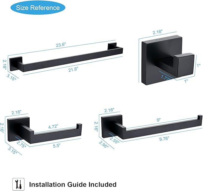 TASTOS 5-Pieces Matte Black Bathroom Hardware Set, Premium Stainless Steel Square Wall Mounted-Includes 23.6 Inch Towel Bar, Toilet Paper TP Holder, 9 Inch Towel Holder, 2 Robe Towel Hooks