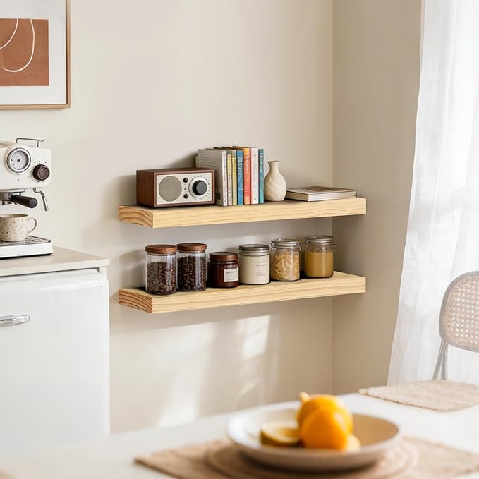 Floating Wall Shelves 24x6.8x1.7 Inch – Solid Wood Rustic Shelves in Natural Wood Finish – Wall Mounted Display Shelf for Bathroom, Kitchen, Bedroom – Set of 2