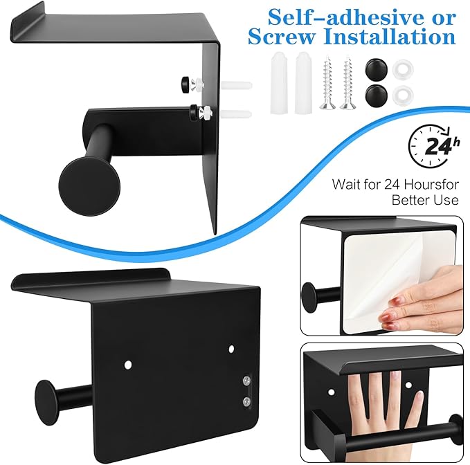 1pcs Matte Black Toilet Paper Holder with Shelf, Screw or Self Adhesive Toilet Paper Holder Wall Mount