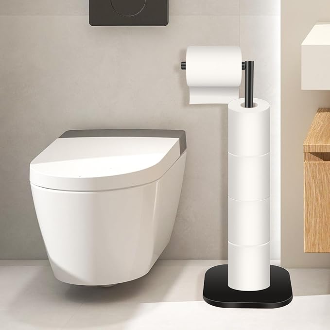 Toilet Paper Holder Stand Freestanding, Matte Black Toilet Paper Stand for Bathroom, Stainless Steel Toilet Paper Roll Holder with Storage,Tissue Holder,Non-Slip,Rust Proof