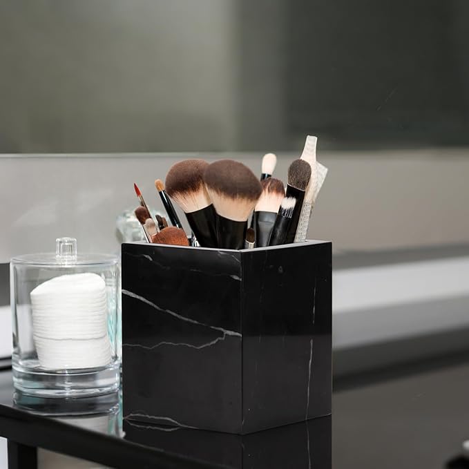 Natural Marble Toothbrush Holder for Bathroom Countertop (8.5x8.5x10cm) - Multifunctional Organizer for Makeup Brushes, Vanity Accessories & Utensils Sink (1, Black Marquina)