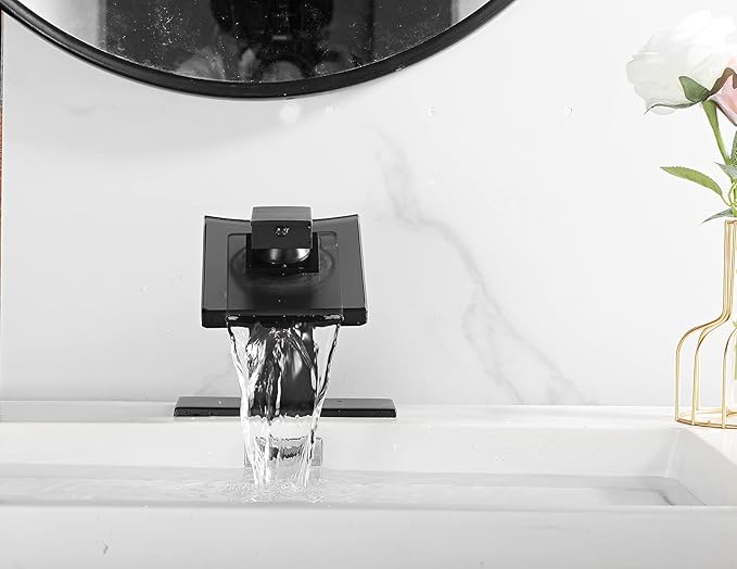 Bathroom Faucet Black Waterfall Glass Spout Single Handle One Hole Bath Sink Faucet Vanity Lavatory Basin Mixer Tap with Cover Plate Deck Mount Commercial
