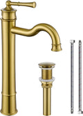 Vessel Sink Faucet Brushed Gold Bathroom Tall Faucet Single Hole Deck-Mount Pop up Drain Assembly Without Overflow Water Supply Lines Included