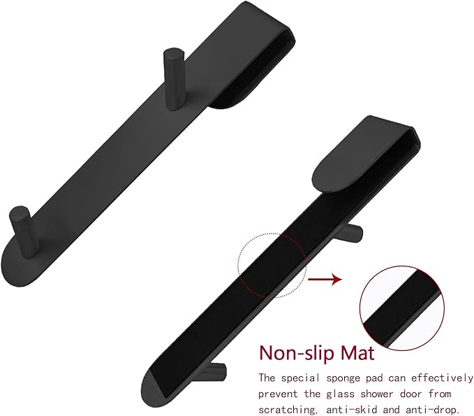 Shower Door Hook, Extended Length Frameless Shower Door Hook (7 Inch), Heavy-Duty Bathrobe Towel Stainless Steel Hook, No Drilling or Adhesive Required, 2-Pack, Black
