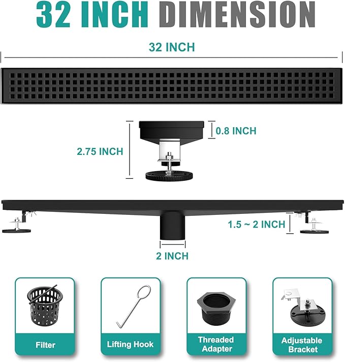 Linear Shower Drain 32 Inch Rectangular Floor Drain with Removable Square Hole Cover and Hair Catcher, Long Shower Drains 304 Stainless Steel CUPC Certified (Matte Black)