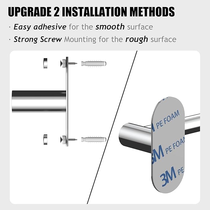 Towel Bar, Adjustable 14.4inch - 25.2inch Towel Rack, Self Adhesive Wall Mounted for Bathroom Kitchen Hand Towel Holder Cloths Hanger 304 Stainless Steel Organizer Single Bar (1, Chrome)