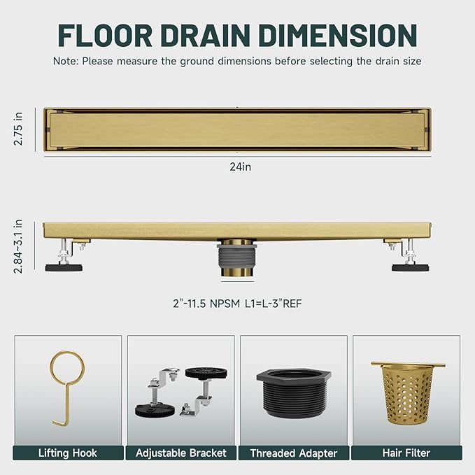24-Inch Linear Shower Floor Drain, Stainless Steel Bathroom Floor Drains, Rectangular Shower Trench Floor Drain, Hair Strainer, Brushed Gold