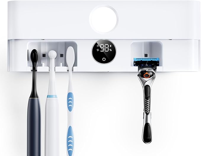 Bitvae Toothbrush Holder, Cleaning and Fast Drying, 5 Toothbrush Slots or Shaver Slot Accessories for Family, LED Smart Screen, Wall Mounted Holders for Bathrooms