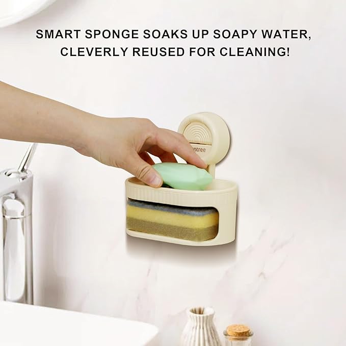 Suntree Soap Dish for Shower, Milky White Suction Cup Soap Holder with Self-Draining Design and Sponge Tray, No Drilling Bathroom & Kitchen Storage