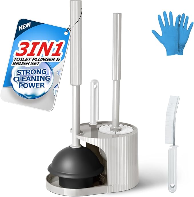 3 in 1 Toilet Brush and Plunger Set,Toilet Bowl Brush Plunger Set,Toilet Brush Plunger Combo,Cleaning Brush,Cleaning Supplies, Crevice Cleaning Brush, Bathroom Cleaning Tools, Light Gray