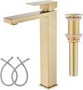 Brushed Gold Vessel Sink Faucet, 1 Hole Single Handle Tall Bathroom Vanity Faucets, Modern Utility Rv Laundry Bath Restroom Mixer Tap with Metal Pop Up Drain and 2 Water Supply Lines