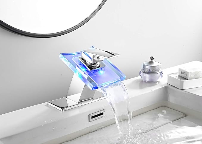 Bathroom Sink Faucet LED Light 3 Colors Changing Waterfall Glass Spout Hot Cold Water Mixer Single Handle One Hole Deck Mounted Bathroom Faucet Chrome Lavatory Vanity Basin Bath Plumbing Fixtures