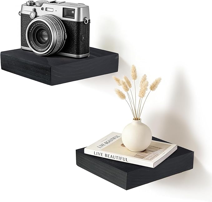 Floating Wall Shelves 6.8x6.8x1.7 Inch – Solid Wood Square Shelves in Black Finish – Rustic Mini Display Shelves for Entryway, Bathroom, Small Spaces – Set of 2
