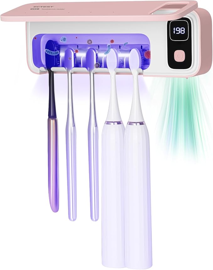 Toothbrush San itizer Holders Wall Toothbrush San itizer Holder with Light, 5 Slots Toothbrush Holder Rechargeable Toothbrush Cleaner Case Cover Toothbrush Holder with Air Dry for Bathroom (Pink)